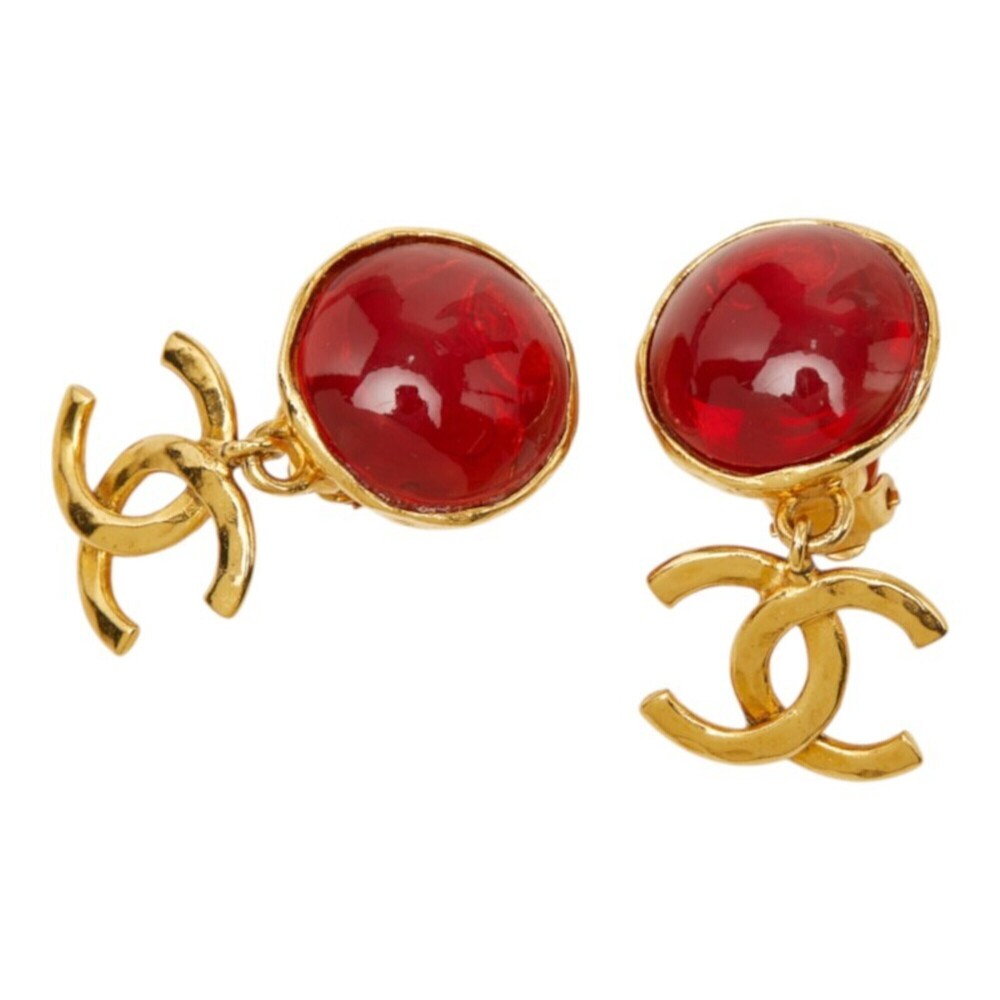 Chanel Coco Mark Gripoix Vintage Earrings 95P Gold Red Plated Glass Women's C...